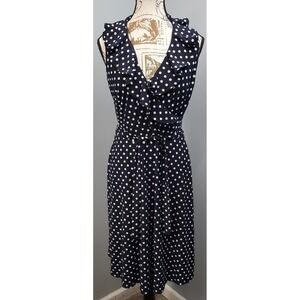 Chaps Sateen Wrap Dress Womens Medium Blue White Polka Dot Belted Ruffled V-Neck
